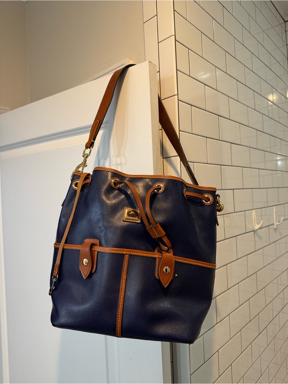 Dooney & Bourke Navy Leather Drawstring Shoulder Bucket with Brown Trim